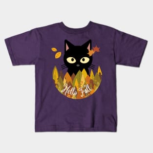 Hello fall Black Cat Autumn Fall Halloween Thanksgiving Funny Kids T-Shirt